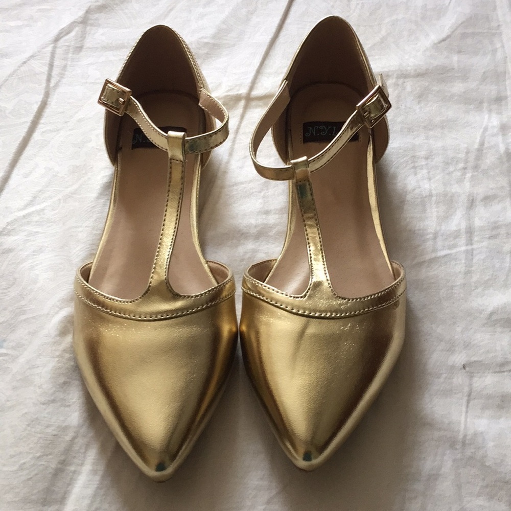 New gold Nyla T-strap flats - wear with anything!
